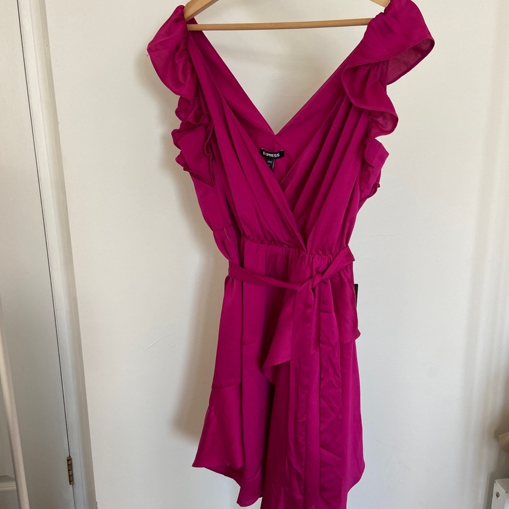 EXPRESS SATIN TIE WAIST RUFFLE DRESS - Picture 2 of 7